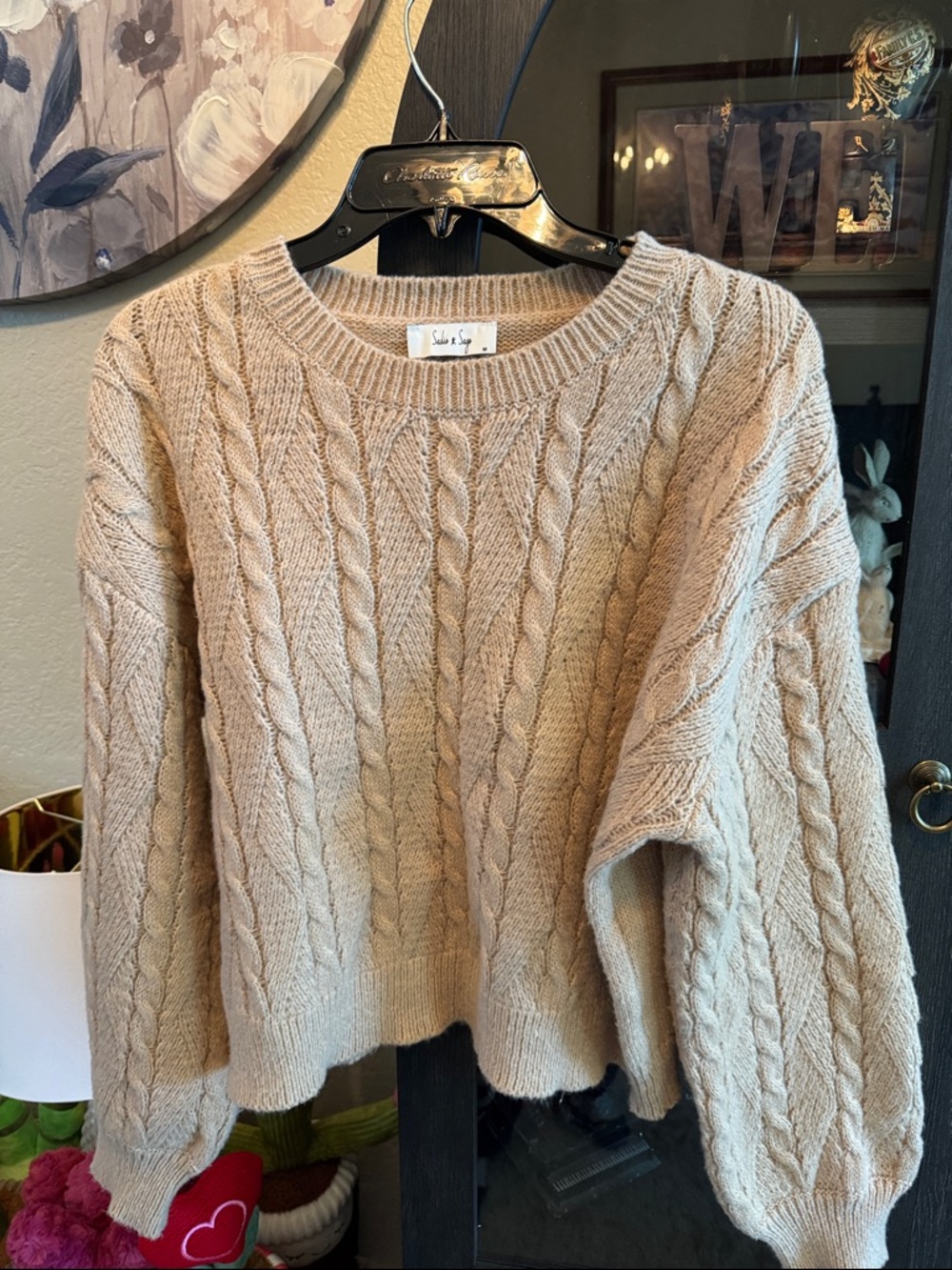 Sadie & Sage Cable Knit Crewneck Sweater - Beige
